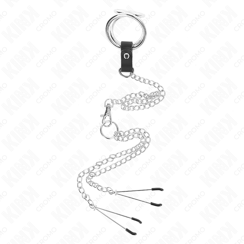 KINK - ANNEAU PÉNIS EN MÉTAL TRIPLE CHROME 3 CM À 4,5 CM AVEC CHAÎNE EN MÉTAL DE 26 CM ET PINCES À TÉTONS KINK RING POWER