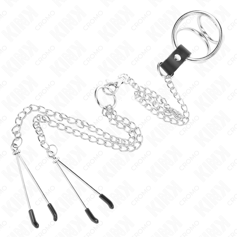 KINK - ANNEAU PÉNIS EN MÉTAL TRIPLE CHROME 3 CM À 4,5 CM AVEC CHAÎNE EN MÉTAL DE 26 CM ET PINCES À TÉTONS KINK RING POWER