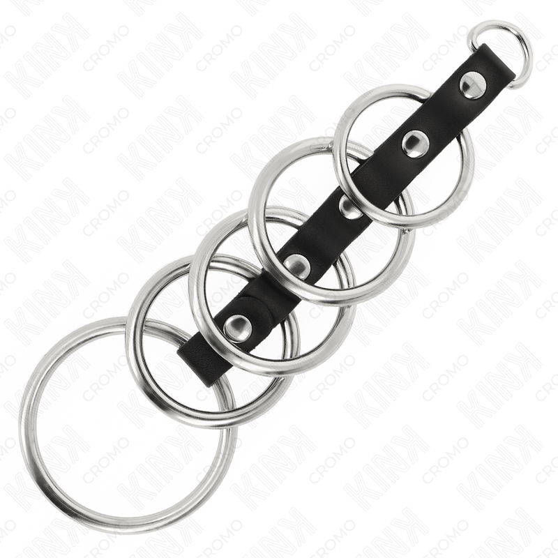 KINK - 5 ANNEAUX PÉNIS EN MÉTAL DE 3,2 CM À 5 CM CONNECTÉS PAR DU CUIR KINK RING POWER