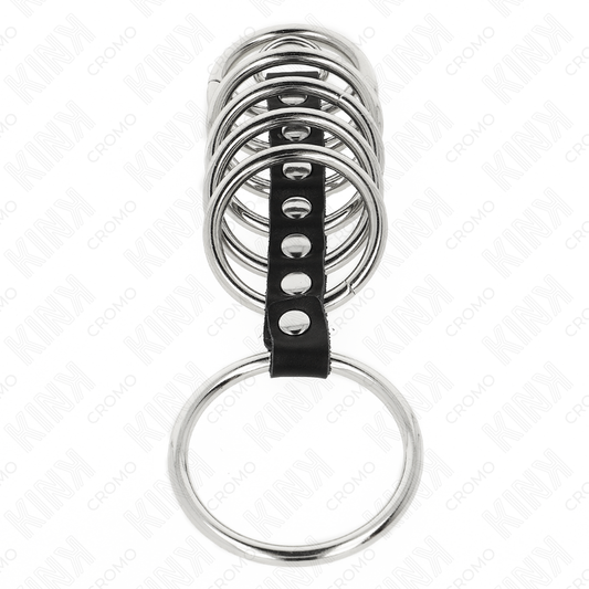 KINK - 7 ANNEAUX PÉNIS EN MÉTAL DE 3,2 CM À 5 CM CONNECTÉS PAR DU CUIR KINK RING POWER