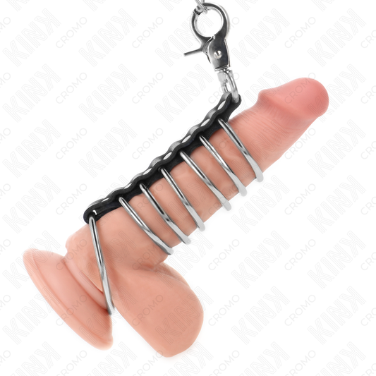 KINK - 7 ANNEAUX PÉNIS EN MÉTAL DE 3,8 CM À 5 CM CONNECTÉS AVEC DU CUIR ET UNE CHAÎNE EN MÉTAL 100 CM KINK RING POWER