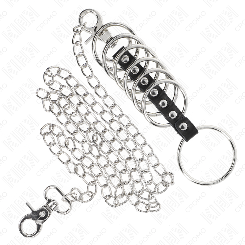 KINK - 7 ANNEAUX PÉNIS EN MÉTAL DE 3,8 CM À 5 CM CONNECTÉS AVEC DU CUIR ET UNE CHAÎNE EN MÉTAL 100 CM KINK RING POWER