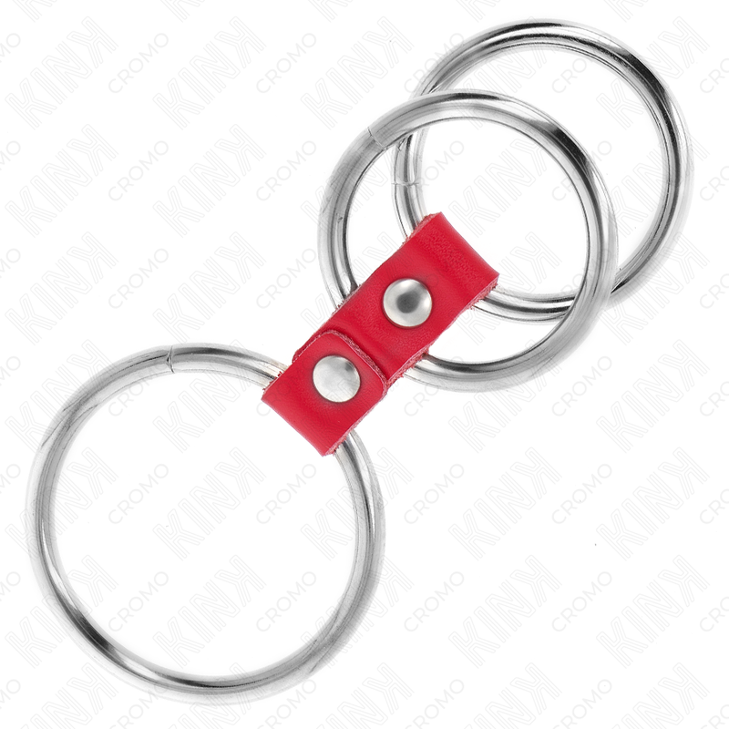 KINK - ANNEAU PÉNIS TRIPLE MÉTAL 3,7 CM À 5 CM CONNECTÉ AVEC DU CUIR ROUGE KINK RING POWER