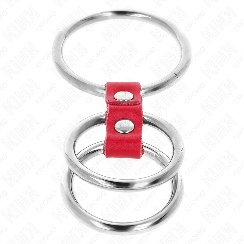 KINK - ANNEAU PÉNIS TRIPLE MÉTAL 3,7 CM À 5 CM CONNECTÉ AVEC DU CUIR ROUGE KINK RING POWER