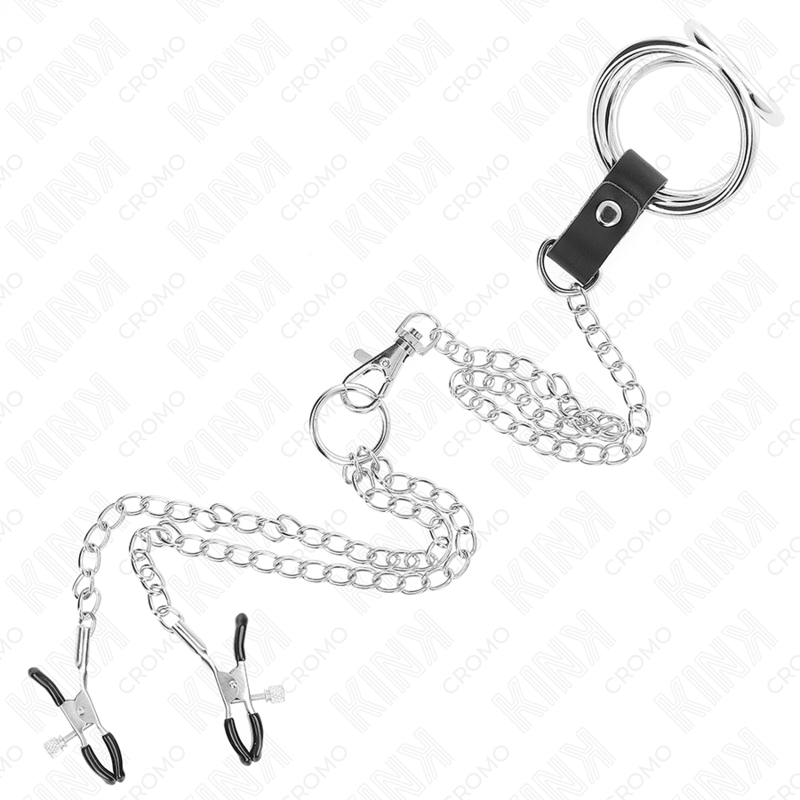 KINK - ANNEAU PÉNIS EN MÉTAL TRIPLE CHROME 3 CM À 4,5 CM AVEC CHAÎNE EN MÉTAL DE 26 CM ET PINCES À TÉTONS KINK RING POWER