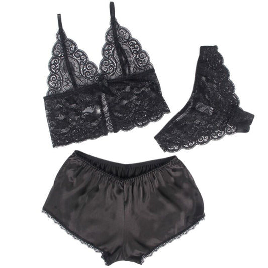 SUBBLIME - 953911 CHEMISIER DE NUIT EN SOIE ET DENTELLE + CULOTTE NOIRE S/M SUBBLIME SETS