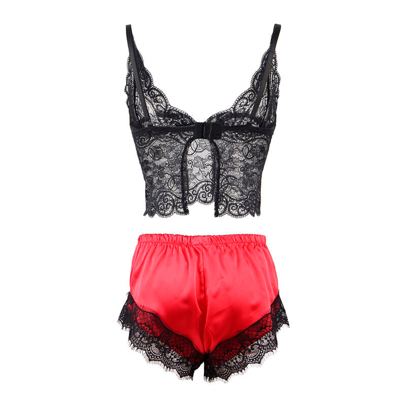 SUBBLIME - 953959 CHEMISE DE NUIT DÉCONTRACTÉE EN SOIE + PANTALON EN DENTELLE NOIR/ROUGE S/M SUBBLIME SETS