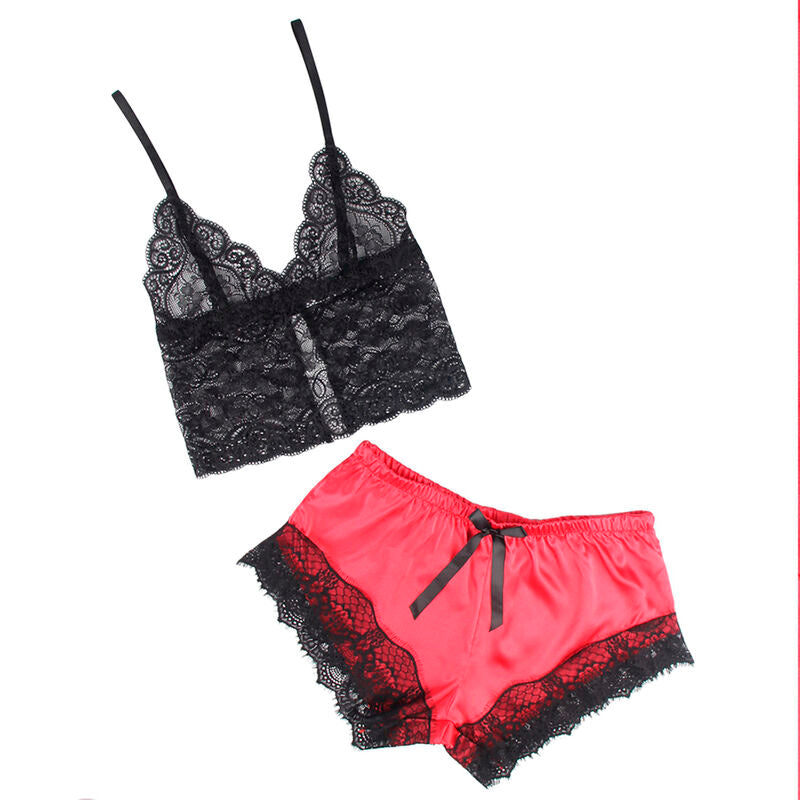 SUBBLIME - 953959 CHEMISE DE NUIT DÉCONTRACTÉE EN SOIE + PANTALON EN DENTELLE NOIR/ROUGE S/M SUBBLIME SETS