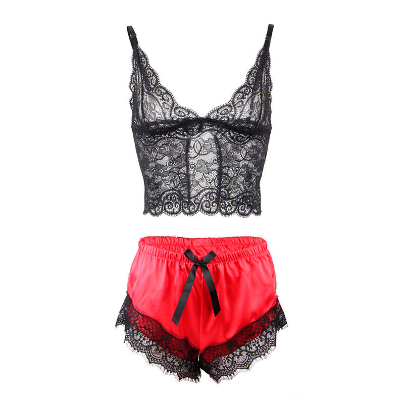 SUBBLIME - 953959 CHEMISE DE NUIT DÉCONTRACTÉE EN SOIE + PANTALON EN DENTELLE NOIR/ROUGE S/M SUBBLIME SETS