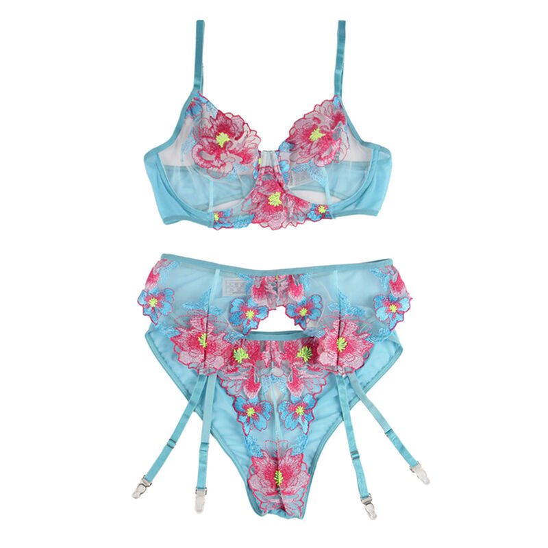 SUBBLIME - 954109 SOUTIEN-GORGE + CULOTTE AVEC PORTE-JARRETELLES MOTIF FLORAL BLEU S/M SUBBLIME SETS