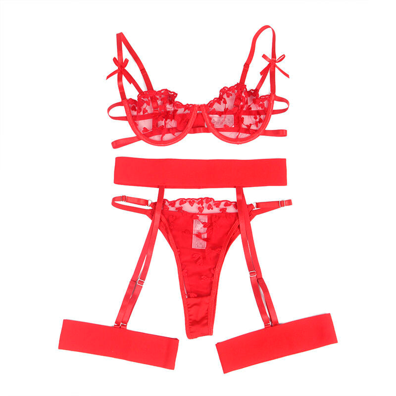 SUBBLIME - 954338 SOUTIEN-GORGE + STRING + PORTE-JARRETELLES IMPRIMÉ COEUR ROUGE L/XL SUBBLIME SETS