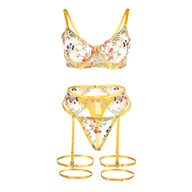SUBBLIME - 954352 SOUTIEN-GORGE + STRING + PORTE-JARRETELLES MOTIF FLORAL JAUNE L/XL SUBBLIME SETS