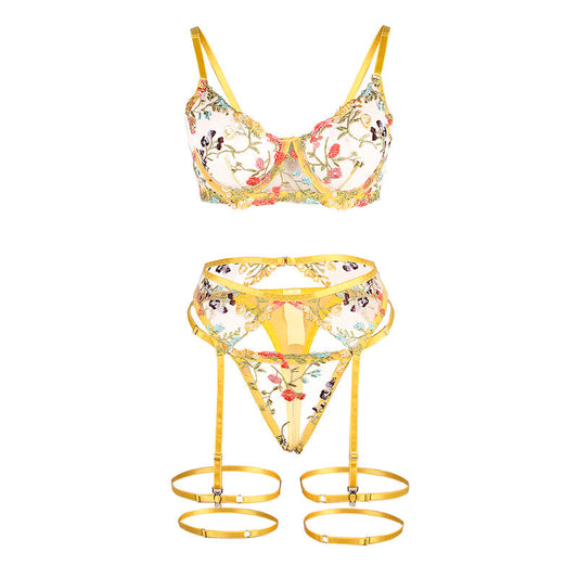 SUBBLIME - 954352 SOUTIEN-GORGE + STRING + PORTE-JARRETELLES MOTIF FLORAL JAUNE L/XL SUBBLIME SETS