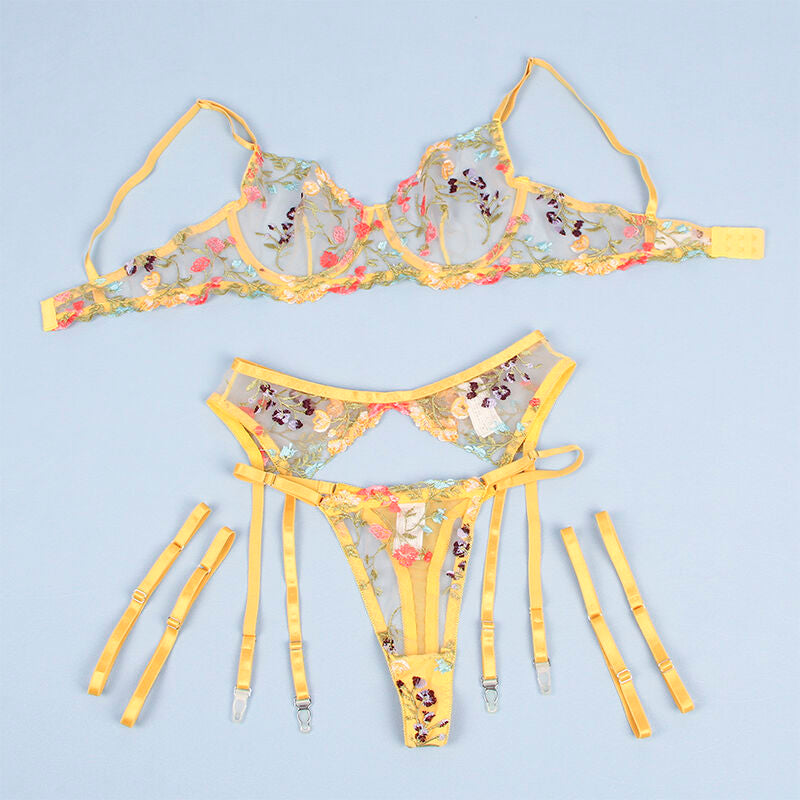 SUBBLIME - 954352 SOUTIEN-GORGE + STRING + PORTE-JARRETELLES MOTIF FLORAL JAUNE L/XL SUBBLIME SETS