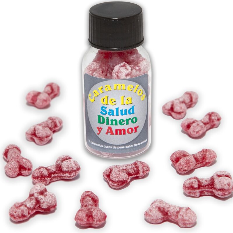 DIABLO PICANTE - 12 BONBONS SANTÉ-ARGENT-AMOUR FORME DE PÉNIS FRAISE/CERISE DIABLO PICANTE