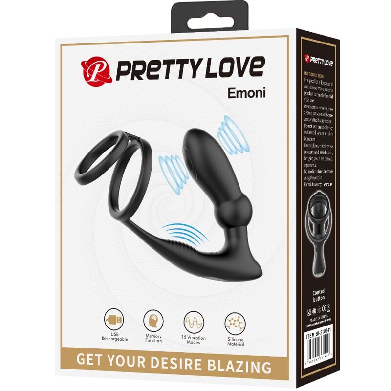 PRETTY LOVE - ANNEAU PÉNIS EMONI + PLUG ANAL 12 VIBRATIONS NOIR PRETTY LOVE