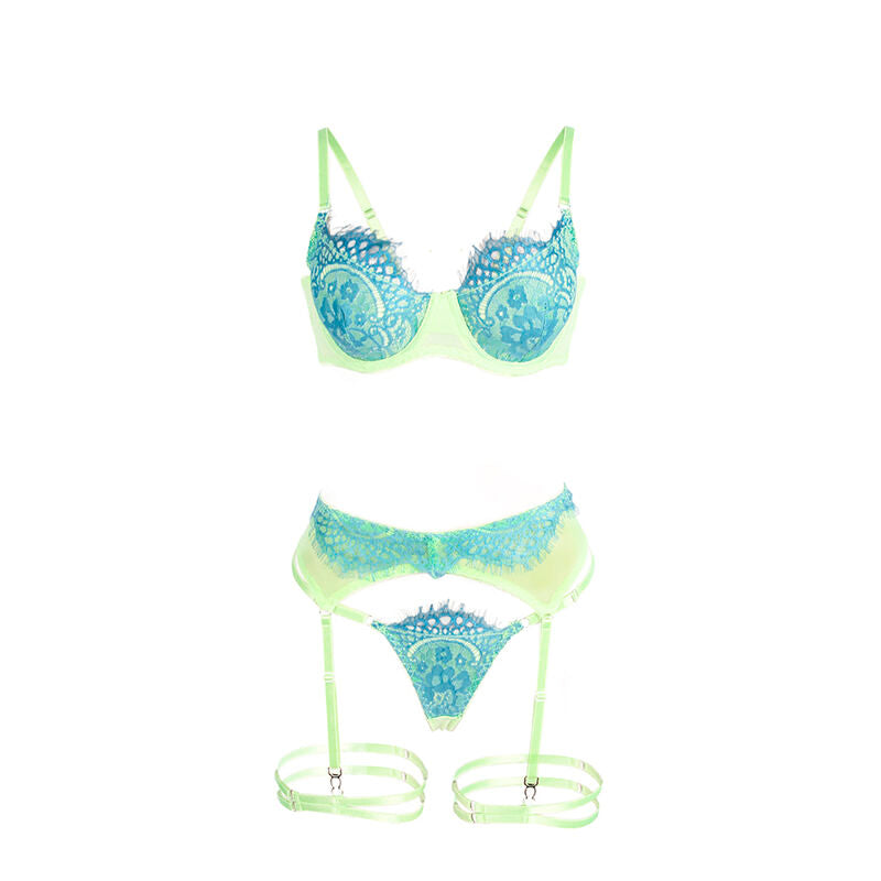 SUBBLIME - 955311 ENSEMBLE SOUTIEN-GORGE AVEC LIGNES DENTELLE ET JARRETELLE VERT ET BLEU S/M SUBBLIME SETS