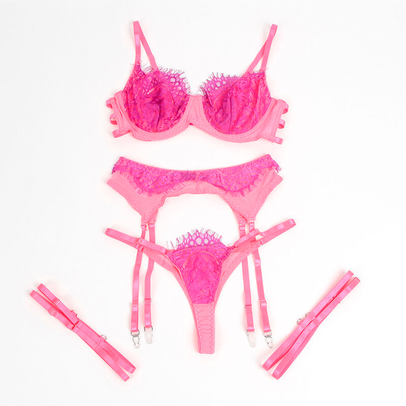 SUBBLIME - 955359 ENSEMBLE SOUTIEN-GORGE AVEC DENTELLE ET LIENS JARRETELLES ROSE ET VIOLET S/M SUBBLIME SETS