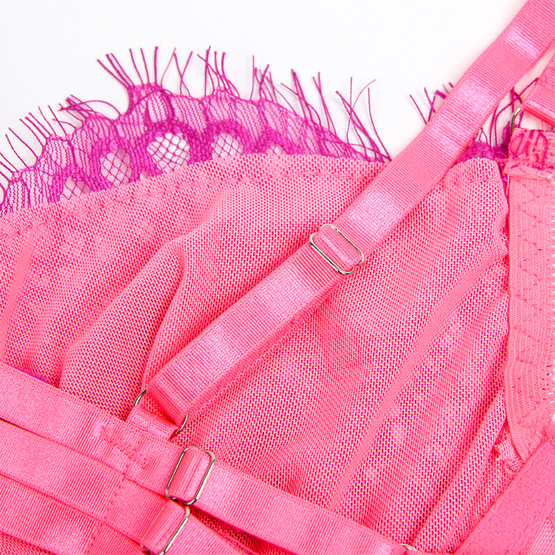 SUBBLIME - 955359 ENSEMBLE SOUTIEN-GORGE AVEC DENTELLE ET LIENS JARRETELLES ROSE ET VIOLET S/M SUBBLIME SETS