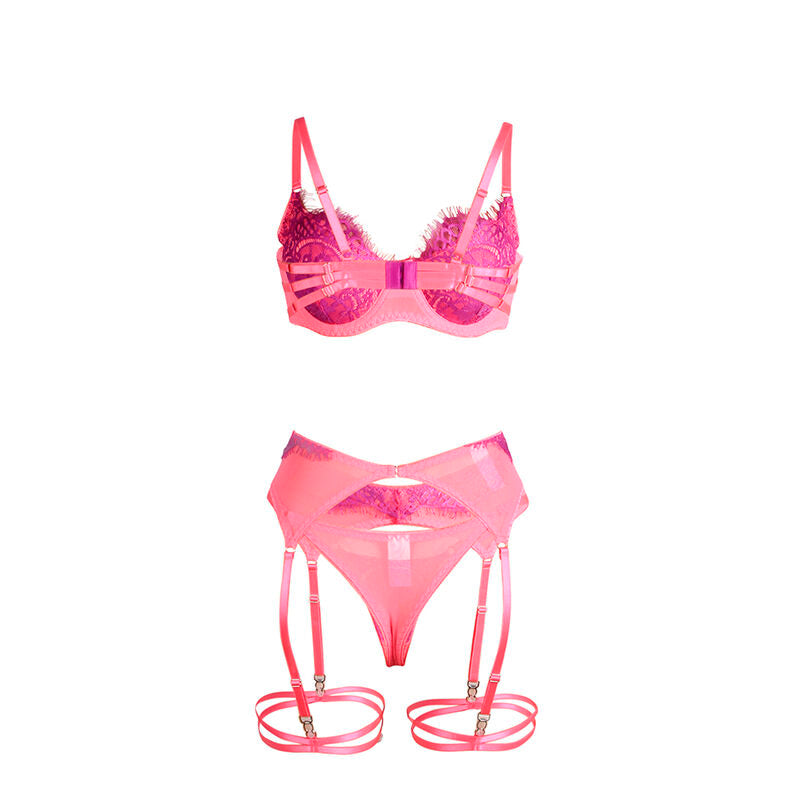 SUBBLIME - 955359 ENSEMBLE SOUTIEN-GORGE AVEC DENTELLE ET LIENS JARRETELLES ROSE ET VIOLET S/M SUBBLIME SETS