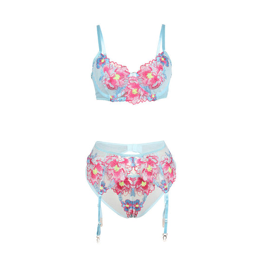 SUBBLIME - 957643 ENSEMBLE SOUTIEN-GORGE ET PORTE-JARRETELLES BRODÉ FLEURS ROSE S/M SUBBLIME SETS