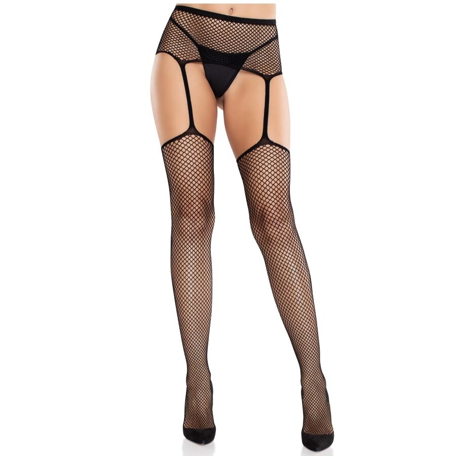 LEG AVENUE - BAS EN DENTELLE AVEC CROIX ET PORTE-JARRETELLES NOIR LEG AVENUE HOSIERY