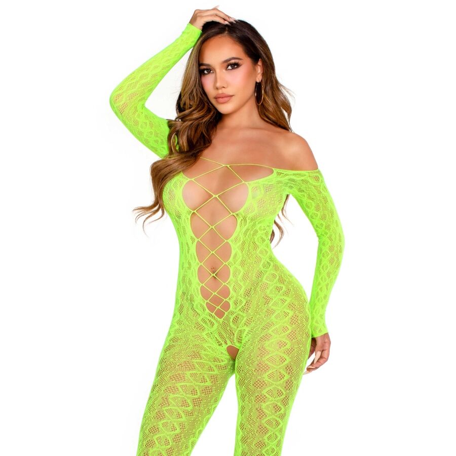 LEG AVENUE - BODYSTOCKING SANS FOURCHE EN DENTELLE SERPENT EXOTIQUE VERT FLUO LEG AVENUE BODYSTOCKINGS