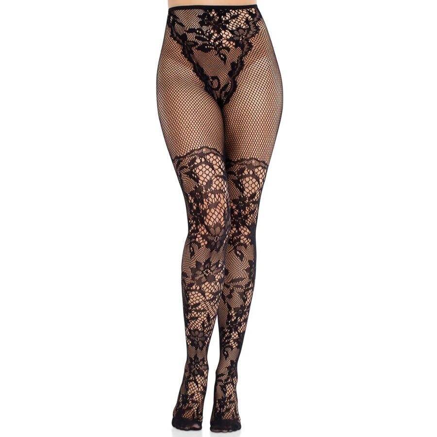 LEG AVENUE - BAS EN DENTELLE DAHLIA AVEC DÉTAIL EN FILET NOIR LEG AVENUE HOSIERY