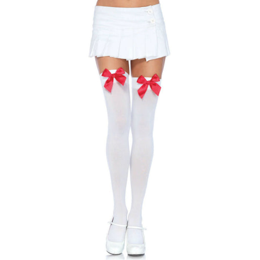 LEG AVENUE - CUISSES HAUTES EN NYLON AVEC NOEUD BLANC / ROUGE LEG AVENUE HOSIERY
