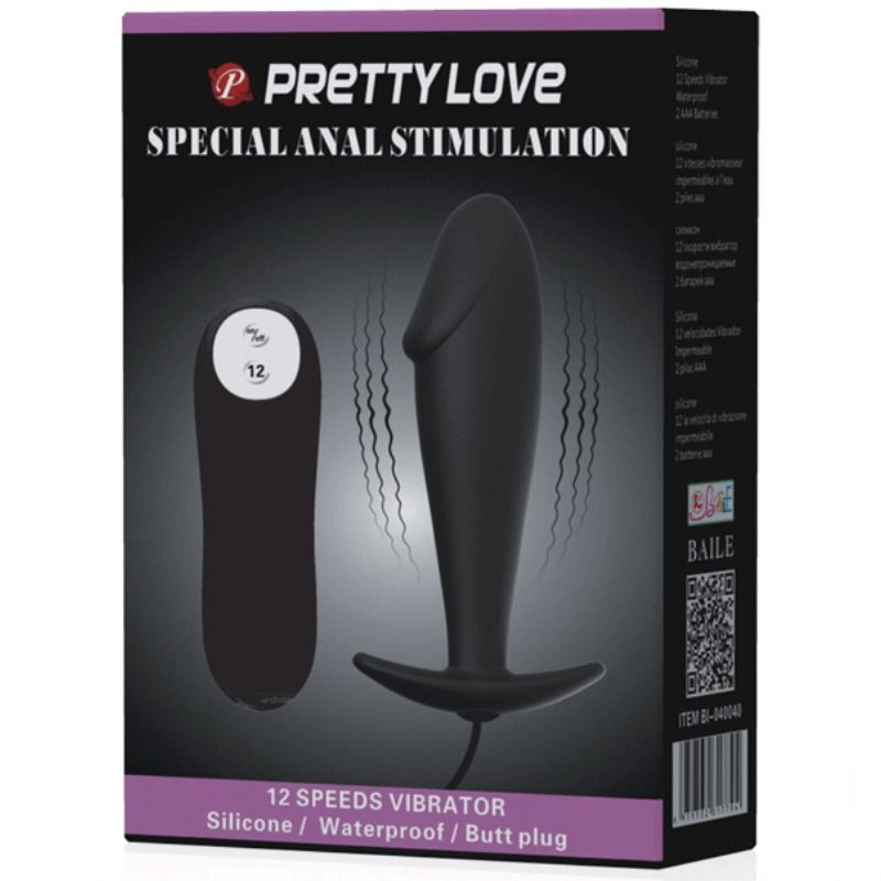 PRETTY LOVE - PLUG ANAL EN SILICONE FORME PÉNIS ET 12 MODES DE VIBRATION NOIR PRETTY LOVE BOTTOM
